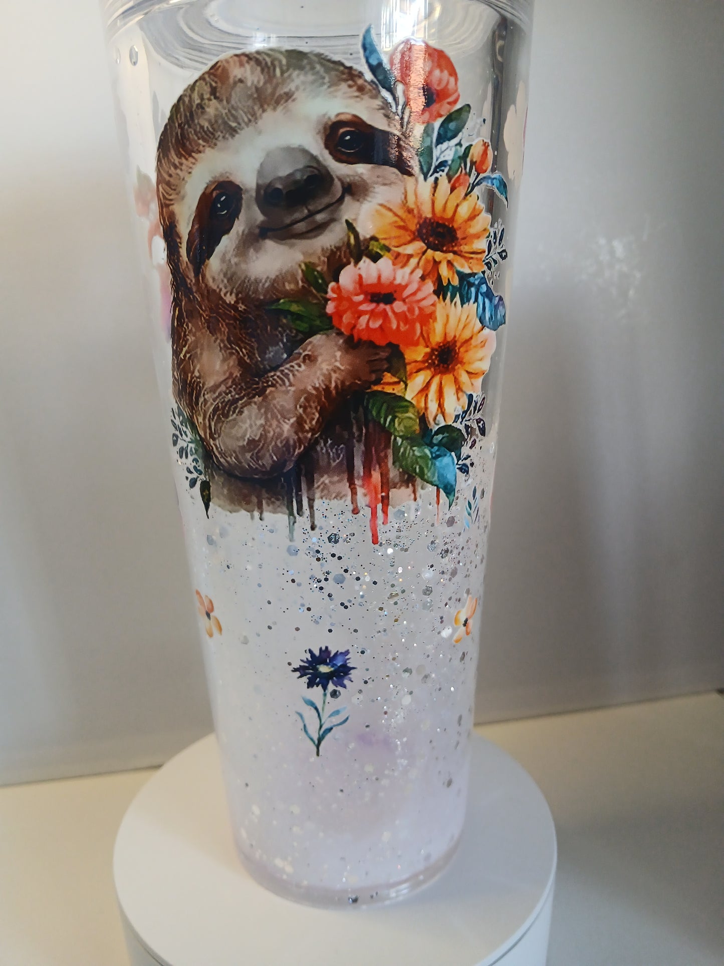 24oz Snowglobe Tumbler - sloth with cute custom lid