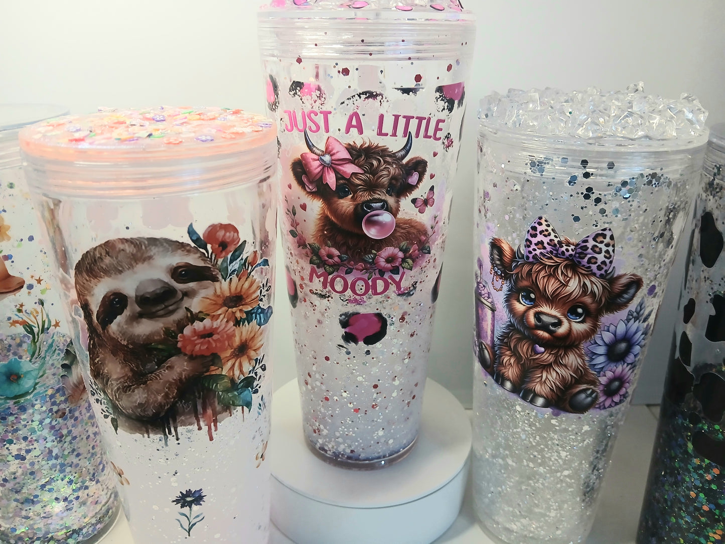 24oz Snowglobe Tumbler - Cute Cow (Purple)with ice cube custom lid
