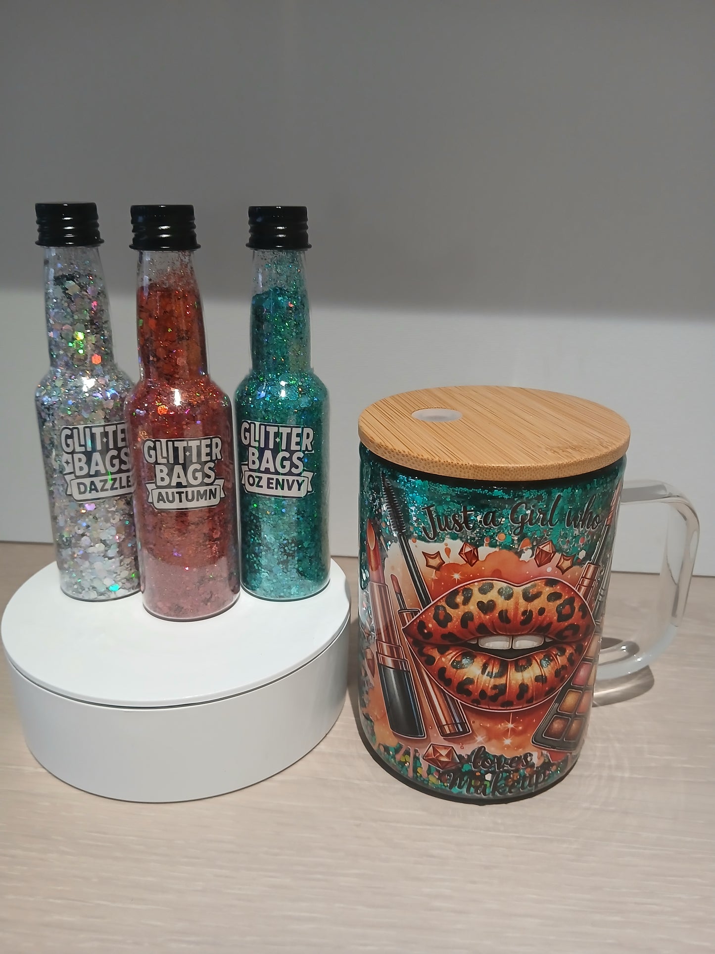 Glass handled “Just a girl who loves makeup” Cup 15oz