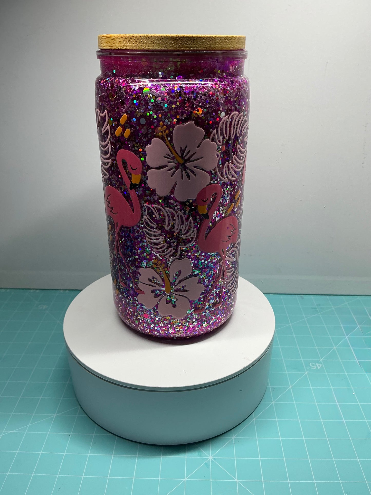 16oz Snowglobe Tumbler Disco Flamingo