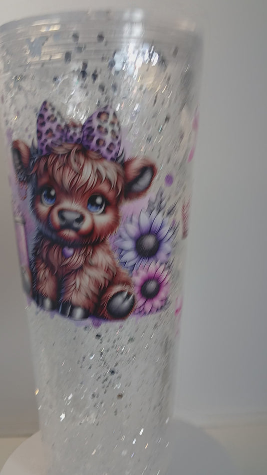 24oz Snowglobe Tumbler - Cute Cow (Purple)with ice cube custom lid