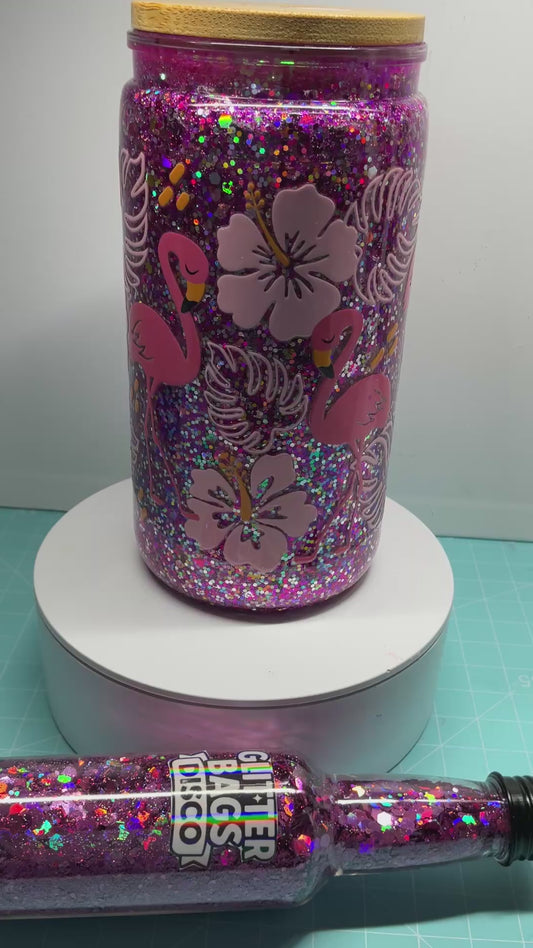 16oz Snowglobe Tumbler Disco Flamingo
