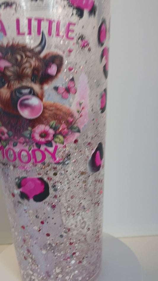 24oz Snowglobe Tumbler - Just a little Moody with ice cube and pink hearts 💕 custom lid